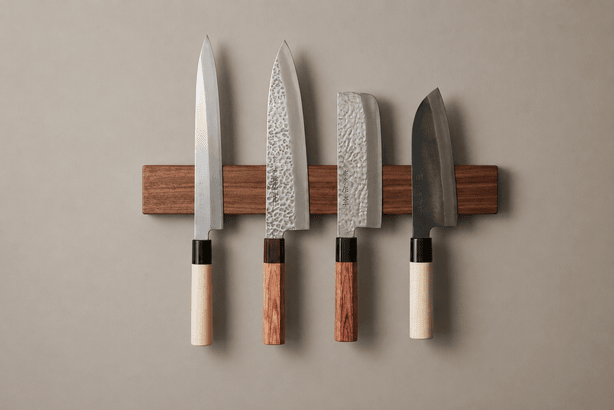 Different Japanese knife types displayed on a wooden board