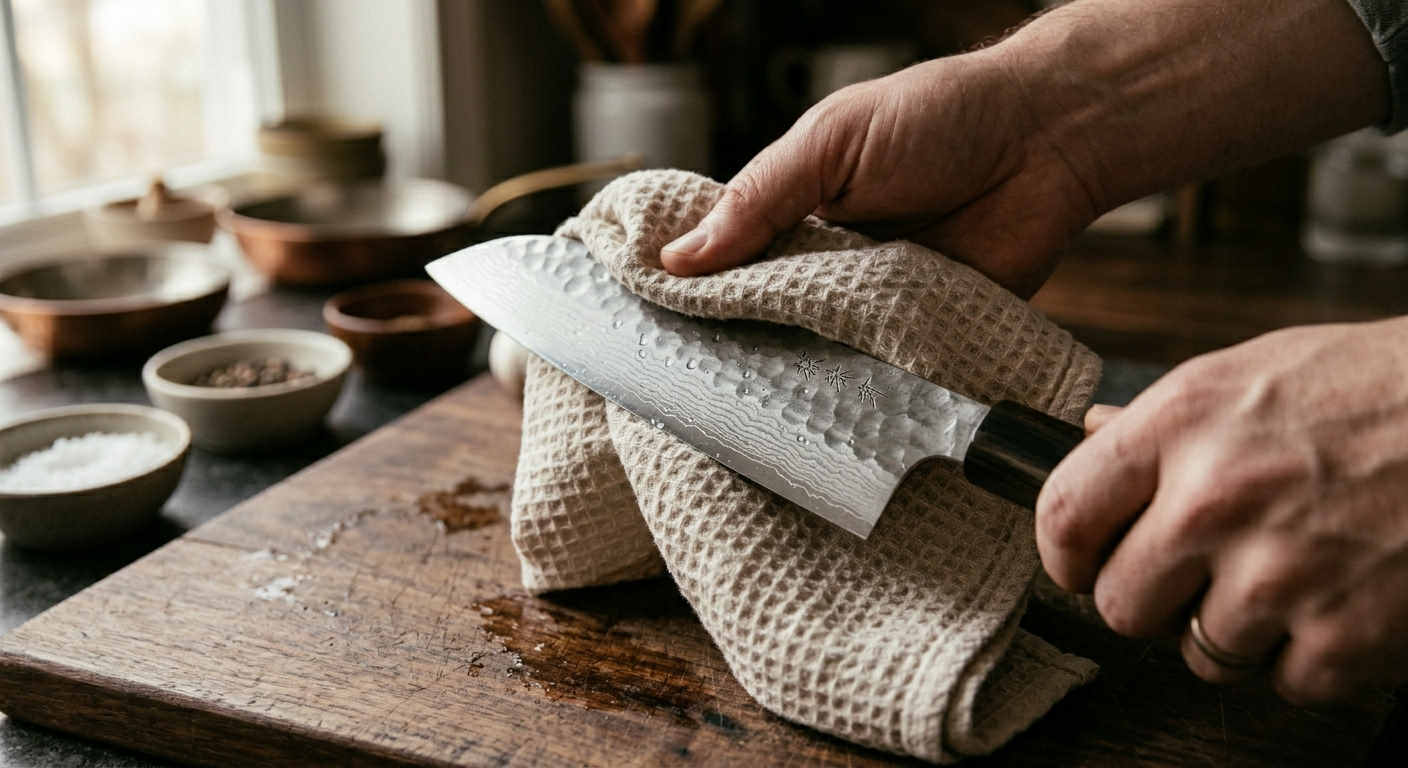 Japanese knife being dried with a soft cloth after hand washing.