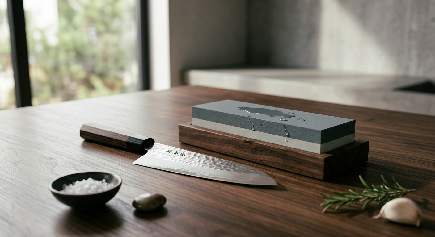 Japanese knife next to a whetstone on a wooden surface.