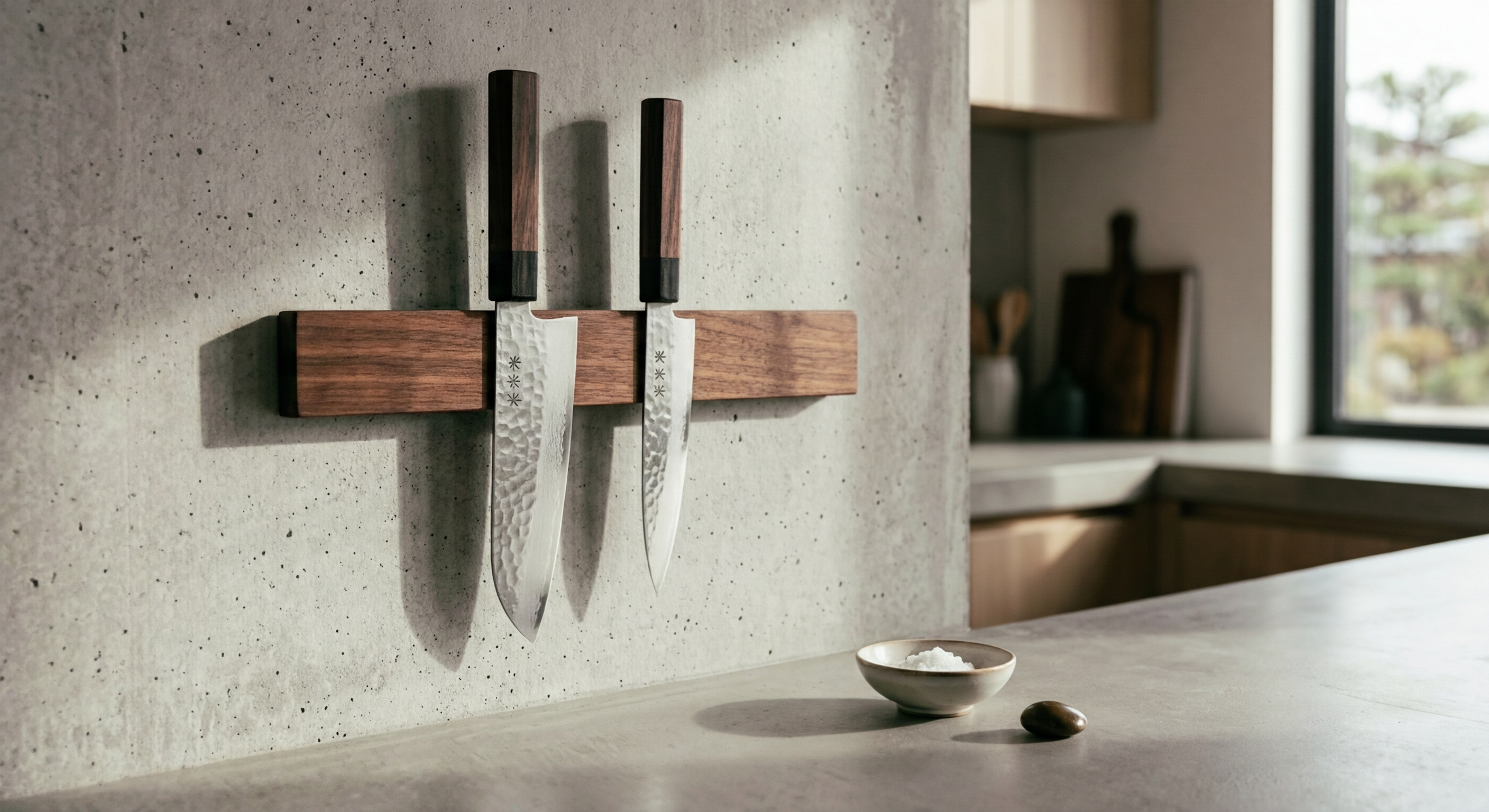 Japanese knives stored properly on a wooden magnetic knife strip.